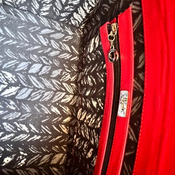 Femi Handbag | Stylish Red Leather & Black & White Striped Fabric - Picture 6 of 10